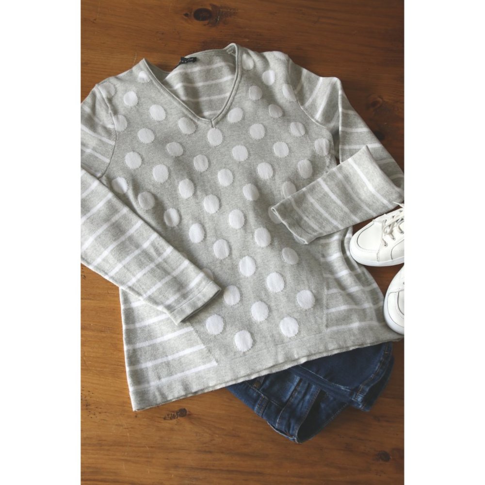 Grey White Polka Dot V Neck Sweater 100% Cotton
